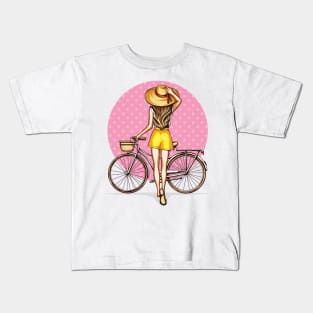 girl near bicycle with basket Kids T-Shirt